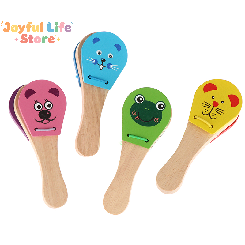Kids Education Bell - Kids Cartoon Wooden Castanets Five-stud Rattle